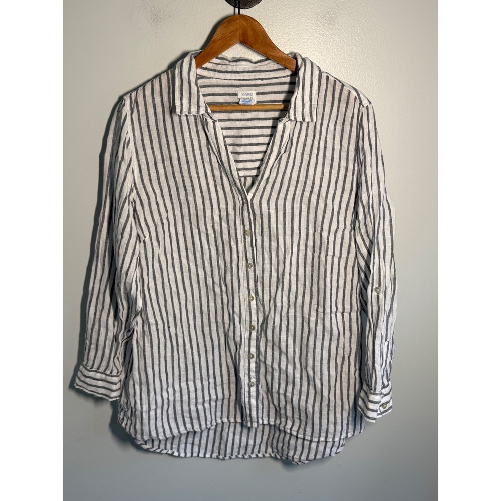 Sigrid Olsen 100% Linen Striped Button Down Shirt Women 1X Blue White Roll Tab